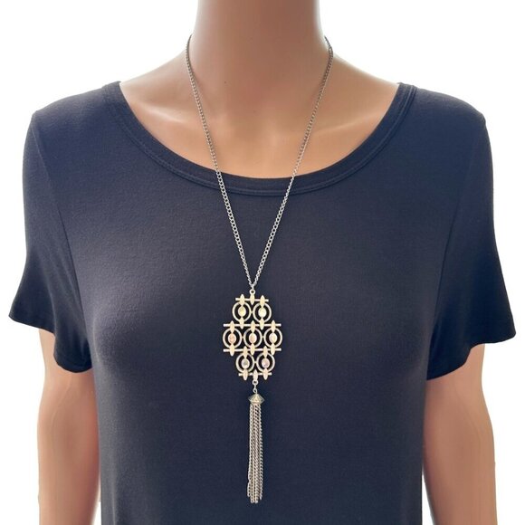 Boho Style Tassel Necklace Silver Tone 23 Inch Length - Picture 4 of 4